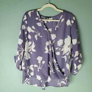 West Kei Womens Purple Floral Allan Surplice Rolltab High Low Blouse Size Large